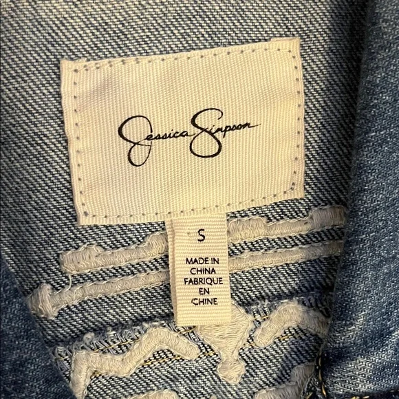 Jessica Simpson Blue Denim Jacket with White Embroidered Accents - Picture 3 of 10